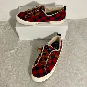 Sperry Pier Wave Red Black Buffalo Plaid Sneakers Women’s Size 8M Sherpa Lined